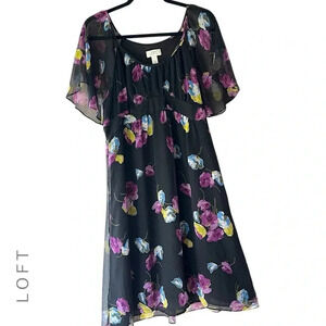 LOFT NWOT EMPIRE FLUTTER SLEEVE BLACK FLORAL DRESS | SIZE: 12